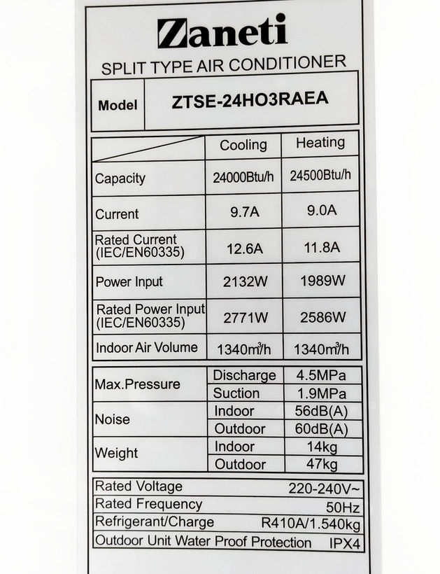 پنل کولر گازی اسپلیت زانتی 24000 مدل ZTSE-24HO3RAEA تکبرد سرمایشی گرمایشی استوک