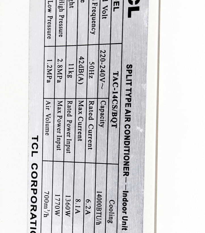 قاب پنل کولر گازی اسپلیت 14000 تی سی ال TCL مدل TAC-14CS/BQT استوک